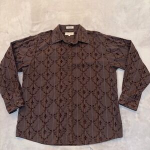 Eighty Eight Mens XL Brown Blue Striped Flocked Fleur De Lis Button Down Shirt